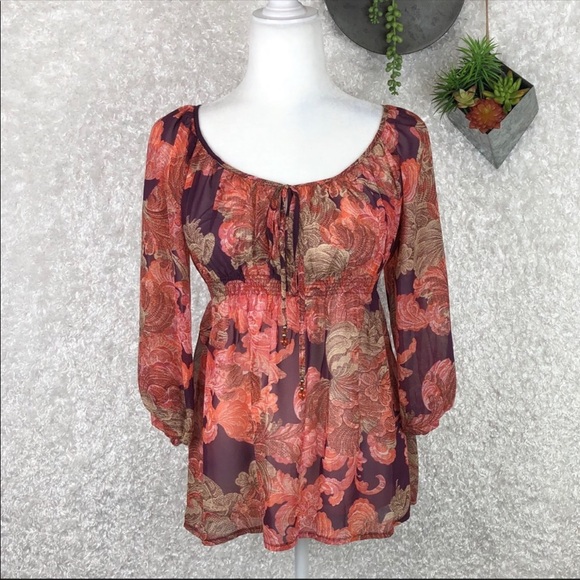 Boston Proper Boho Print Bead Tasseled Empire Waist Peasant Top Size 4 - Picture 1 of 9